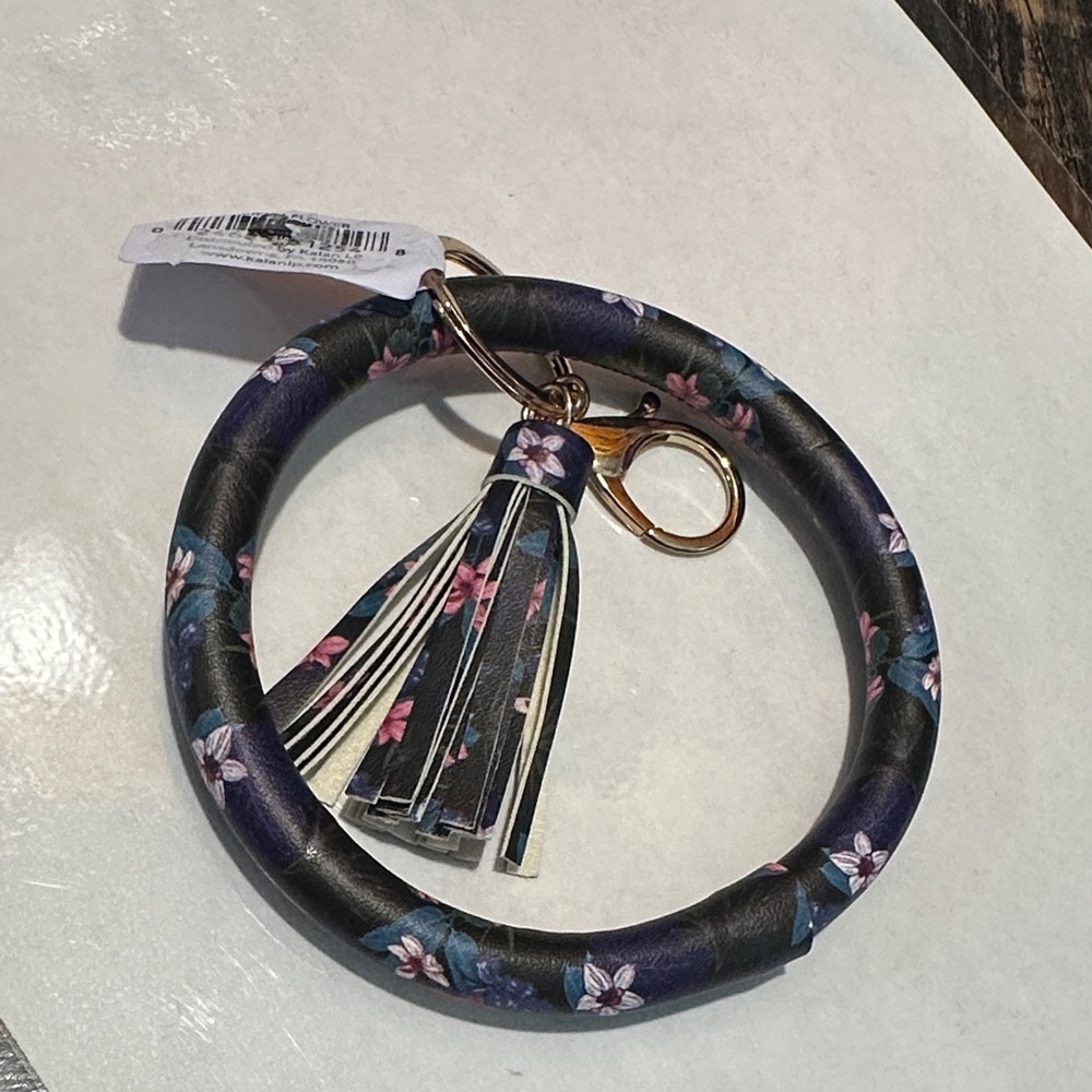 Floral Keychain Bracelet with Tassel Black & Purple Flowers NWT